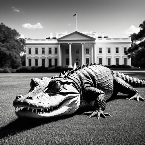 american alligators,reptillian,white house,the white house,fake gator,aligator,alligator,white alligator,reptilian,south carolina alligator,missisipi aligator,little alligator,the ugly swamp,giant lizard,gator,alligator sculpture,federal government,reptilians,alligators,2020,Photography,Black and white photography,Black and White Photography 07