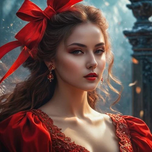 lady in red,romantic portrait,red gown,man in red dress,red coat,red bow,red gift,fantasy portrait,mystical portrait of a girl,christmas woman,red rose,red russian,queen of hearts,victorian lady,red riding hood,red berries,red roses,romantic look,girl in red dress,gothic portrait,Photography,General,Fantasy