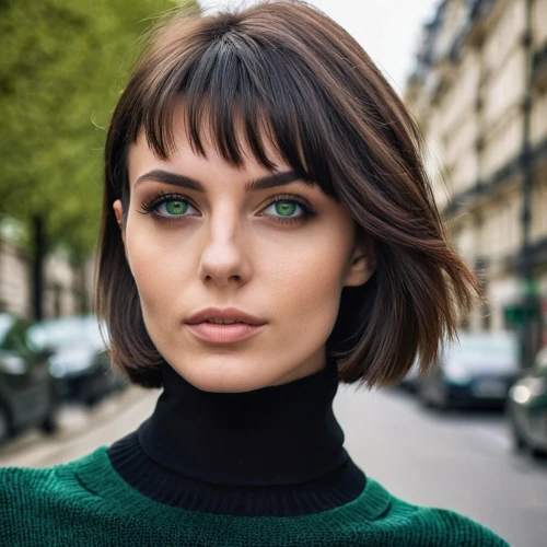 bob cut,asymmetric cut,heterochromia,pixie cut,green eyes,natural color,model beauty,women's eyes,paris,natural cosmetic,in green,beret,bowl cut,short blond hair,female model,beautiful face,chignon,woman face,romantic look,layered hair,Photography,General,Realistic