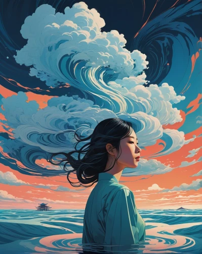 the wind from the sea,japanese waves,ocean,wind wave,japanese wave,adrift,sea,tidal wave,ocean waves,winds,meditative,sea breeze,wind,breath,the endless sea,芦ﾉ湖,little girl in wind,meditation,blow away,tsunami,Illustration,Vector,Vector 05