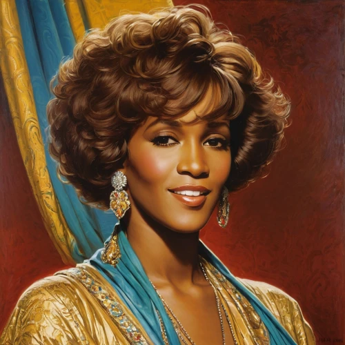ester williams-hollywood,official portrait,kerry,jheri curl,african american woman,afro-american,portrait of christi,afro american,sarah vaughan,70's icon,farrah fawcett,cameroon,lily of the nile,vintage female portrait,jazz singer,sigourney weave,aging icon,afroamerican,lady honor,born in 1934,Art,Classical Oil Painting,Classical Oil Painting 42