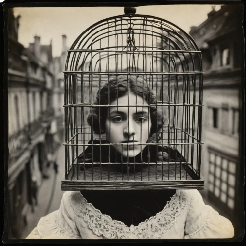 bird cage,cage bird,birdcage,vintage woman,prisoner,vintage female portrait,captivity,ambrotype,panopticon,canary,silent screen,arbitrary confinement,vaudeville,bird frame,marionette,vintage girl,vintage french postcard,queen cage,gothic portrait,box camera,Photography,Black and white photography,Black and White Photography 15
