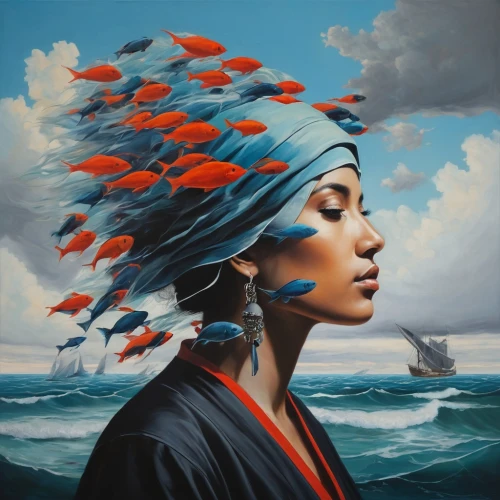 oil painting on canvas,red cloud,birds of the sea,the wind from the sea,feather headdress,woman thinking,oil on canvas,native american,headdress,first nation,oil painting,american indian,girl with a dolphin,han thom,blue fish,the sea maid,art painting,seabird,sea breeze,blue peacock,Illustration,Realistic Fantasy,Realistic Fantasy 24