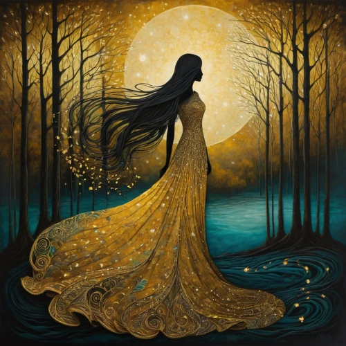 gold foil mermaid,queen of the night,gold filigree,gold foil art,mystical portrait of a girl,the enchantress,rusalka,gold leaf,lady of the night,moonlit night,faerie,sorceress,forest of dreams,the night of kupala,girl in a long dress,golden rain,fairy queen,moonlit,faery,ballerina in the woods,Illustration,Abstract Fantasy,Abstract Fantasy 19