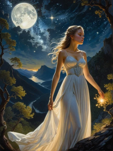 fantasy picture,the night of kupala,faerie,celtic woman,fantasy art,mystical portrait of a girl,queen of the night,faery,moonbeam,moonlit night,light of night,moonlit,blue moon rose,moon phase,the enchantress,lady of the night,fantasy portrait,moon shine,fantasy woman,fairy queen,Illustration,Realistic Fantasy,Realistic Fantasy 03