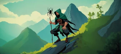mountain guide,the wanderer,the spirit of the mountains,mountain spirit,wander,lone warrior,adventurer,mountaineer,guards of the canyon,wanderer,fjord,wind warrior,goat mountain,kokopelli,oryx,druid,bow and arrows,tribal arrows,mountain world,game illustration