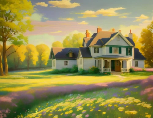 home landscape,meadow in pastel,little house,summer cottage,country cottage,lonely house,country house,house painting,cottage,farm house,woman house,small house,farmhouse,house in the forest,meadow landscape,beautiful home,dandelion hall,purple landscape,clover meadow,spring morning