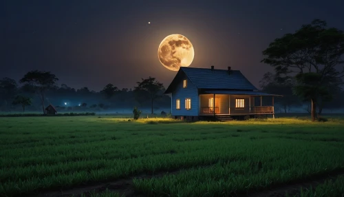 moonlit night,lonely house,night indonesia,moon photography,hanging moon,full moon,moonrise,home landscape,moon at night,illuminated lantern,moon night,moonlit,moon and star background,ricefield,small house,little house,moon addicted,evening atmosphere,night scene,japanese lantern,Photography,General,Realistic