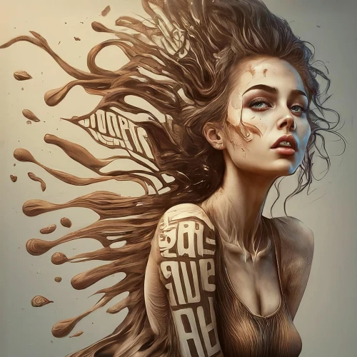 sci fiction illustration,dryad,medusa,boho art,siren,digital art,illustrator,transistor,world digital painting,hand digital painting,digital painting,mystical portrait of a girl,fantasy portrait,digital illustration,artemisia,biomechanical,digital artwork,the enchantress,sepia,smoking girl