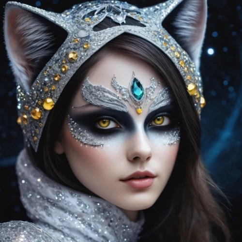 feline look,fantasy portrait,masquerade,cat with blue eyes,feline,fantasy art,the enchantress,cat eye,fairy tale character,artemis,sorceress,faery,fantasy picture,faerie,halloween cat,queen of the night,blue eyes cat,fantasy woman,cat,kat