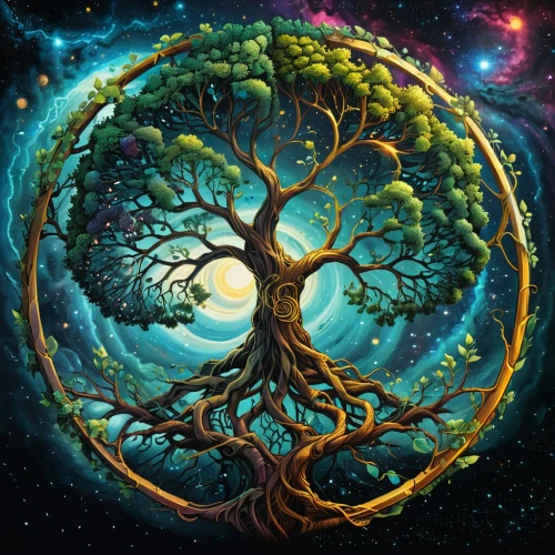 tree of life,colorful tree of life,celtic tree,the branches of the tree,magic tree,mother earth,circle around tree,flourishing tree,earth chakra,bodhi tree,wondertree,metatron's cube,the branches,sacred fig,branching,connectedness,fractals art,mantra om,tree heart,anahata,Illustration,Realistic Fantasy,Realistic Fantasy 25