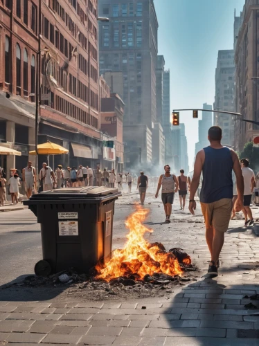 burning of waste,new york streets,the conflagration,photo manipulation,digital compositing,gezi,street football,wall street,public space,new york,a pedestrian,newspaper fire,pedestrian,people walking,human torch,street sports,street cleaning,photoshop manipulation,photomanipulation,newyork,Photography,General,Realistic