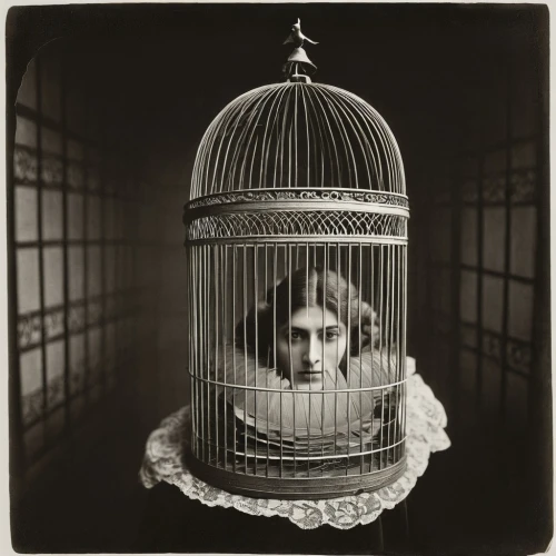 cage bird,queen cage,bird cage,cage,fool cage,prisoner,birdcage,arbitrary confinement,panopticon,ambrotype,silent screen,captivity,camell isolated,conceptual photography,society finch,stieglitz,gothic portrait,silent film,prison,lillian gish - female,Photography,Black and white photography,Black and White Photography 15