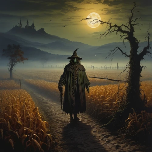 scarecrow,pilgrim,the wanderer,fantasy picture,halloween poster,scarecrows,halloween background,sci fiction illustration,halloween illustration,witch broom,halloween and horror,wanderer,witch's hat,background image,the pied piper of hamelin,pilgrimage,scythe,helloween,halloween scene,fantasy art,Art,Classical Oil Painting,Classical Oil Painting 42