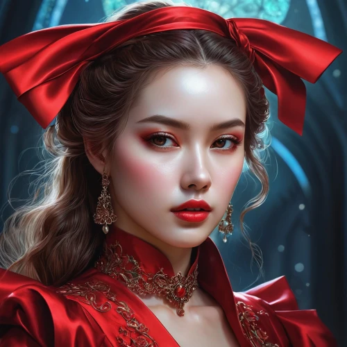 fantasy portrait,scarlet witch,world digital painting,red lantern,oriental princess,red riding hood,digital painting,fantasy art,lady in red,little red riding hood,geisha,chinese art,red coat,fairy tale character,red rose,geisha girl,red gown,portrait background,sci fiction illustration,mystical portrait of a girl,Photography,Artistic Photography,Artistic Photography 10