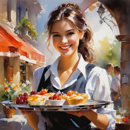 woman holding pie,woman at cafe,girl with bread-and-butter,girl in the kitchen,waitress,pastiera,italian painter,oil painting,pastry shop,pastries,pastry,sicilian cuisine,romantic portrait,a girl's smile,pastry chef,oil painting on canvas,pâtisserie,woman with ice-cream,art painting,crostata,Conceptual Art,Oil color,Oil Color 03