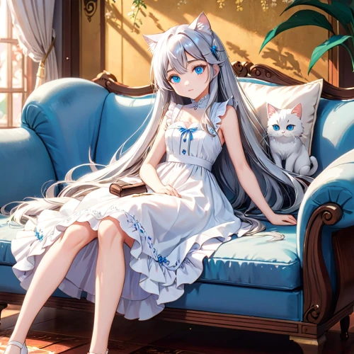 sitting on a chair,white heart,sitting,honolulu,white winter dress,cat's cafe,azure,winterblueher,lap,blue pillow,tiara,on the couch,miku,blue room,would a background,cyan,blue heart,light blue,background images,silver blue,Anime,Anime,Traditional