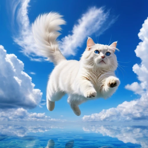 turkish van,cat on a blue background,nimbus,turkish angora,cat image,cumulus nimbus,leap for joy,aegean cat,cat vector,white cat,i'm flying,napoleon cat,sky,cartoon cat,flying girl,cumulus,cute cat,funny cat,leaping,cat,Photography,General,Realistic