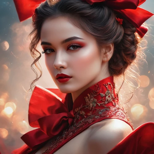 red bow,red rose,lady in red,red gown,red roses,romantic portrait,red flower,red ribbon,queen of hearts,shades of red,fantasy portrait,red petals,red gift,oriental princess,red butterfly,geisha girl,rouge,mystical portrait of a girl,silk red,red carnations,Photography,General,Fantasy