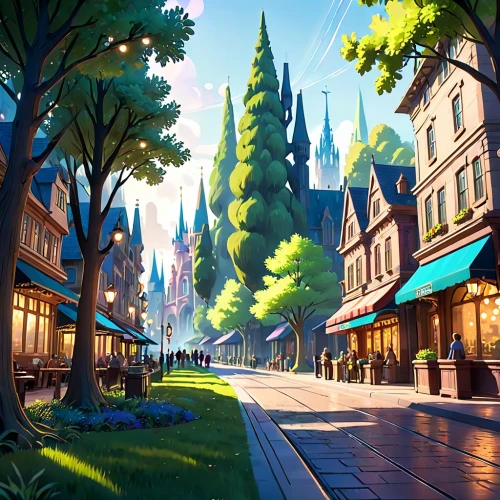 aurora village,hogwarts,knight village,shanghai disney,fantasy city,disneyland park,cg artwork,cartoon forest,disney castle,medieval town,medieval street,resort town,oktoberfest background,the disneyland resort,cartoon video game background,merida,fairy tale castle,spa town,disney world,fantasy world,Anime,Anime,Cartoon