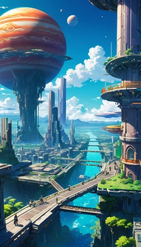 futuristic landscape,alien world,alien planet,valerian,fantasy city,mushroom landscape,scifi,mushroom island,ancient city,space port,artificial island,terraforming,gas planet,sky space concept,sky city,airships,fantasy landscape,aurora village,fantasy world,futuristic architecture,Illustration,Japanese style,Japanese Style 03