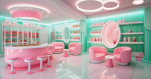 beauty room,beauty salon,ice cream shop,cosmetics counter,ice cream parlor,salon,soda shop,soap shop,cake shop,ufo interior,neon ice cream,neon candies,candy shop,retro diner,candy bar,barber shop,candy store,pastry shop,cosmetics,women's cosmetics,Photography,General,Realistic