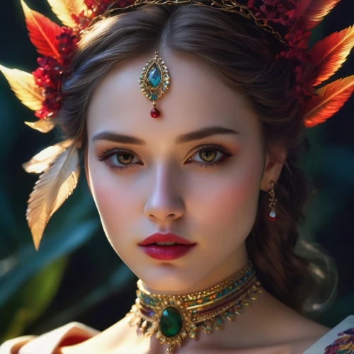 radha,fantasy portrait,indian bride,balinese,east indian,indian headdress,indian woman,headdress,indian,aditi rao hydari,mystical portrait of a girl,tiger lily,jaya,romantic portrait,indian girl,headpiece,woman portrait,fantasy art,lakshmi,diadem