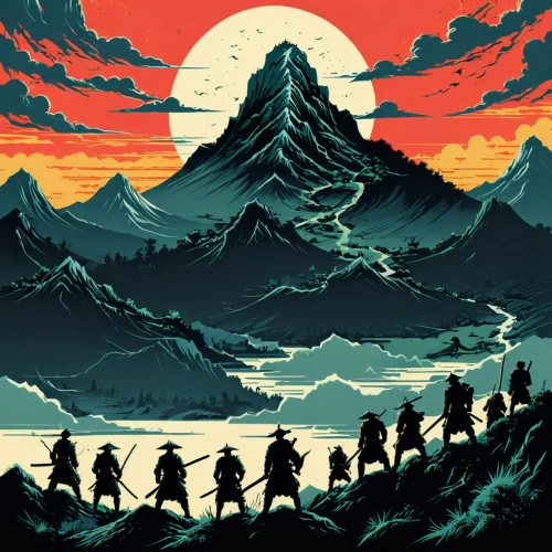 mountain world,mountains,guards of the canyon,mountain sunrise,5 dragon peak,three peaks,mountain,map silhouette,jrr tolkien,high mountains,giant mountains,mountain peak,silhouette art,skyrim,mountain scene,mountaineers,peaks,mountain range,the spirit of the mountains,game illustration,Illustration,Realistic Fantasy,Realistic Fantasy 25