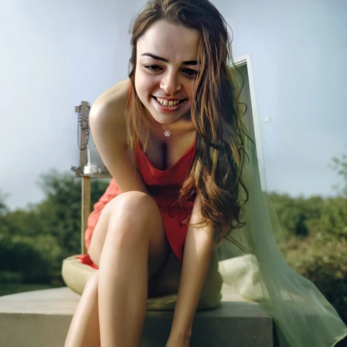 killer smile,adorable,sitting on a chair,cute,smiling,girl in red dress,in red dress,swimsuit,paloma,red dress,beach chair,deckchair,in shorts,girl in swimsuit,hula,a smile,a girl's smile,audrey,swinging,red