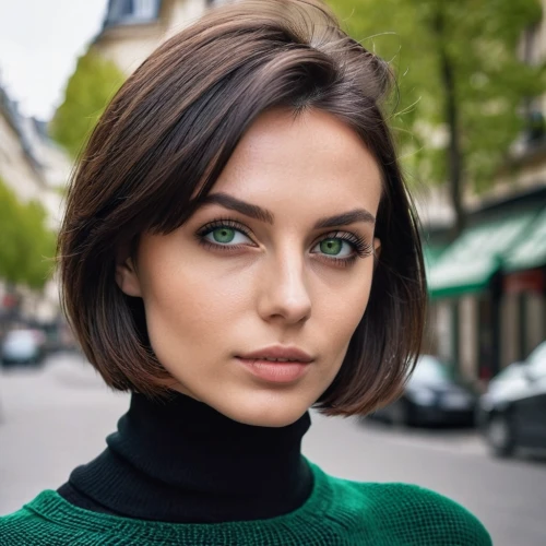 bob cut,asymmetric cut,heterochromia,chignon,model beauty,natural color,green eyes,pixie cut,paris,natural cosmetic,in green,smooth hair,short blond hair,beautiful face,french silk,beret,brunette,romantic look,elegant,beautiful young woman,Photography,General,Realistic