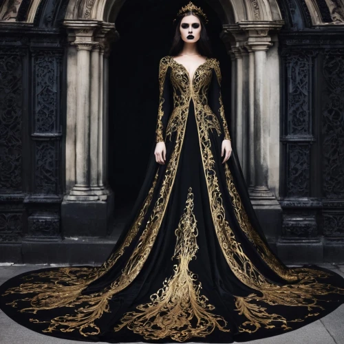 gold filigree,evening dress,gothic fashion,gold lacquer,ball gown,gothic dress,gown,filigree,queen of the night,vestment,royal lace,the carnival of venice,black and gold,imperial coat,gothic style,robe,dress walk black,victorian style,baroque,gothic portrait,Illustration,Realistic Fantasy,Realistic Fantasy 46