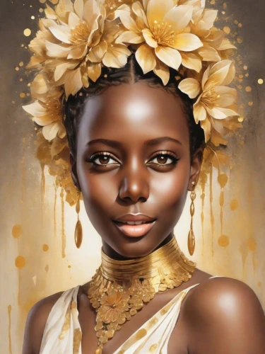 african woman,african art,golden crown,african american woman,african culture,gold flower,beautiful african american women,gold crown,golden flowers,afro-american,african,afro american girls,headdress,golden wreath,afro american,ancient egyptian girl,nigeria woman,afroamerican,fantasy portrait,african daisies,Photography,Cinematic