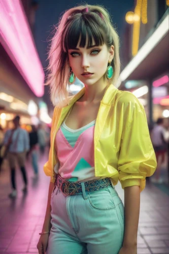 80s,retro girl,retro woman,neon colors,neon,girl in a long,retro eighties,colorful background,neon makeup,aurora yellow,neon arrows,colorful,neon candies,neon human resources,retro women,1980's,pastel colors,neon light,colored lights,80's design,Photography,Realistic