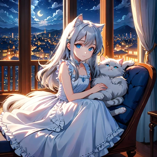cute fox,kitsune,gray cat,gray kitty,silver tabby,fox,blue pillow,cat resting,would a background,cat's cafe,adorable fox,cat with blue eyes,nyan,cute cat,clear night,white winter dress,sitting on a chair,luna,background images,white heart,Anime,Anime,Traditional