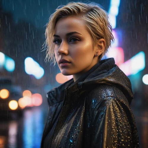 jena,in the rain,leather jacket,jacket,elsa,femme fatale,wallis day,walking in the rain,bolero jacket,bokeh,wet,blonde woman,jean jacket,lux,blue rain,black coat,moody portrait,denim jacket,stormy,cool blonde,Photography,General,Fantasy