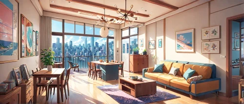 sky apartment,penthouse apartment,livingroom,living room,apartment,apartment lounge,an apartment,shared apartment,modern room,sitting room,blue room,loft,great room,hoboken condos for sale,breakfast room,study room,home interior,modern living room,bedroom,playing room,Anime,Anime,Realistic