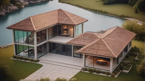 house with lake,house by the water,floating huts,3d rendering,pool house,wooden house,inverted cottage,luxury property,chalet,house shape,holiday villa,modern house,luxury home,render,asian architecture,house roof,build a house,beautiful home,folding roof,small house,Photography,General,Cinematic