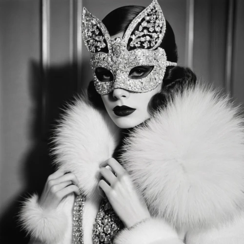 masquerade,venetian mask,feline look,masked,with the mask,masque,white fur hat,mask,the carnival of venice,ffp2 mask,dita,vanity fair,anonymous mask,cruella de ville,femme fatale,gold mask,la catrina,roaring 20's,queen of the night,catrina calavera,Photography,Black and white photography,Black and White Photography 13