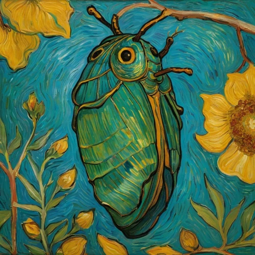 cicada,blue wooden bee,scarab,pollinator,jewel bugs,khokhloma painting,bee,ulysses butterfly,entomology,beetle,insects,jewel beetles,art nouveau,monarch,eye butterfly,scarabs,vincent van gough,the beetle,gatekeeper (butterfly),vincent van gogh,Art,Artistic Painting,Artistic Painting 03