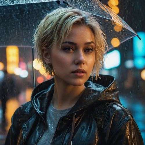 in the rain,pixie-bob,walking in the rain,divergent,valerian,weather-beaten,cyberpunk,blonde woman,birds of prey-night,jacket,wallis day,nerve,female hollywood actress,leather jacket,rainy,short blond hair,greta oto,golden rain,blonde girl,jean jacket,Photography,General,Fantasy