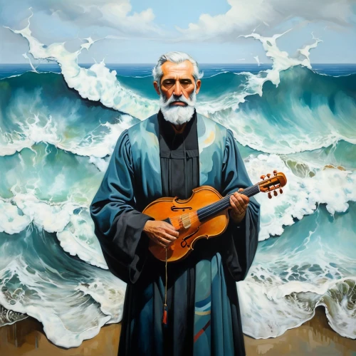 cavaquinho,god of the sea,man at the sea,el mar,bağlama,version john the fisherman,itinerant musician,charango,classical guitar,bouzouki,sea god,the wind from the sea,ukulele,pandero jarocho,middle eastern monk,monk,moses,mandolin mediator,persian poet,guru,Illustration,Realistic Fantasy,Realistic Fantasy 24