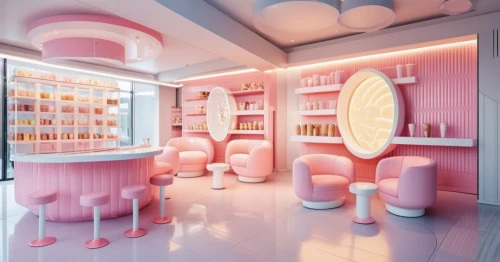 ice cream shop,beauty room,cosmetics counter,ice cream parlor,beauty salon,cake shop,pastry shop,soda shop,soap shop,pink ice cream,kawaii ice cream,candy bar,pink macaroons,neon ice cream,retro diner,bakery,ufo interior,frozen yogurt,candy shop,candy store,Photography,General,Realistic