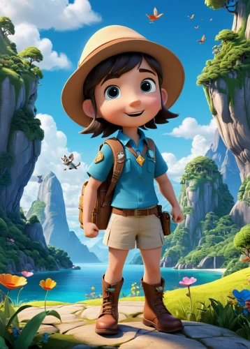 agnes,cute cartoon character,explorer,adventurer,zookeeper,park ranger,children's background,mountain guide,scout,miguel of coco,cute cartoon image,animated cartoon,adventure,mowgli,girl and boy outdoor,wander,lilo,playmobil,game illustration,pilgrim,Unique,3D,3D Character