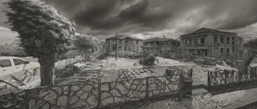 slum,world digital painting,destroyed city,necropolis,slums,gray-scale,the haunted house,post-apocalyptic landscape,haunted house,auschwitz,creepy house,ghost castle,auschwitz 1,old graveyard,ghost town,suburb,destroyed houses,auschwitz i,martyr village,lahore,Art sketch,Art sketch,Concept