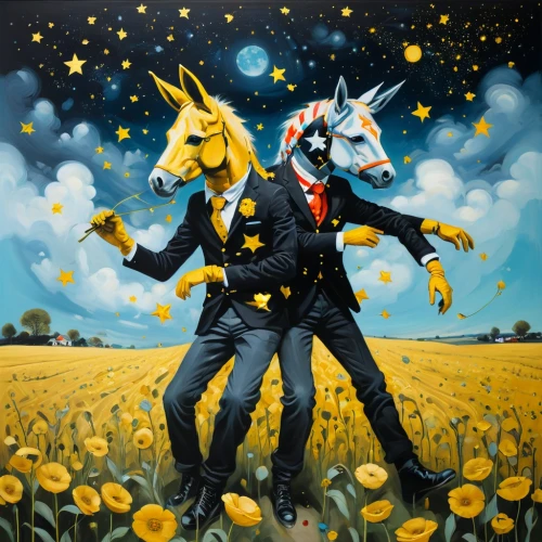 flying dandelions,artists of stars,capital cities,pollinate,pillars of creation,two-horses,falling flowers,brook avens,man and horses,falling stars,sunflowers and locusts are together,yellow grass,wolves,fox and hare,goatflower,surrealism,yellow garden,suit of spades,scarecrows,yellow wall,Illustration,Realistic Fantasy,Realistic Fantasy 24