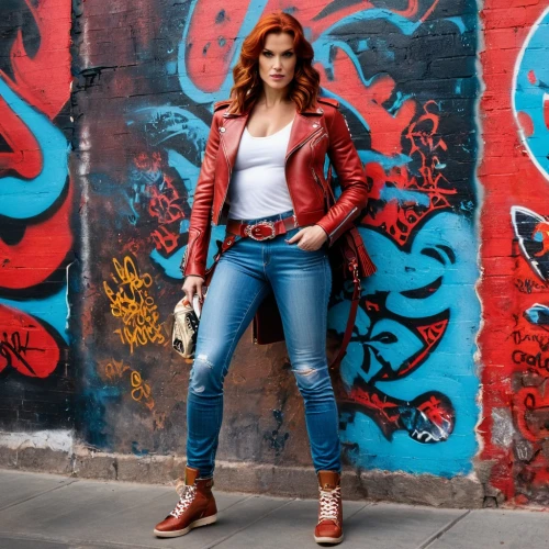 leather boots,brie,red hood,eva,jeans background,red brick wall,mary jane,clary,red wall,candela,red super hero,brick wall background,toni,maria,michael jordan,red shoes,high jeans,woman holding gun,graffiti,girl with gun,Photography,General,Fantasy