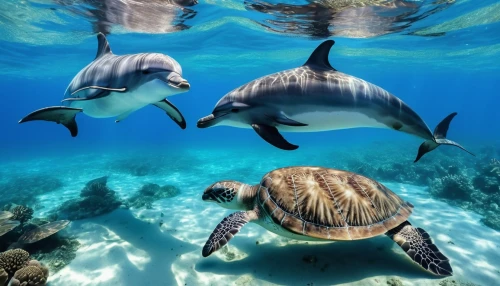 oceanic dolphins,sea turtle,sea life underwater,loggerhead sea turtle,underwater world,green sea turtle,dolphins in water,loggerhead turtle,underwater landscape,bottlenose dolphins,marine life,sea animals,aquatic animals,sea cows,dolphins,underwater background,ocean underwater,sea mammals,sea creatures,green turtle,Photography,General,Realistic