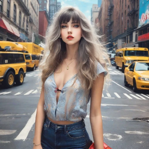 new york streets,ny,nyc,on the street,tube top,newyork,new york,red lips,red lipstick,model beauty,girl in overalls,manhattan,5th avenue,pretty young woman,denim,in a shirt,vintage angel,cool blonde,windy,model doll,Photography,Realistic