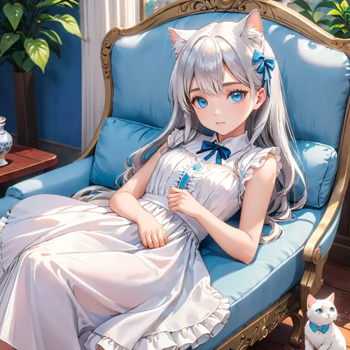 sitting on a chair,white heart,honolulu,blue pillow,tiara,white winter dress,sitting,cocoa,silver wedding,winterblueher,erika,whitey,on the couch,cat's cafe,iris on piano,poker primrose,bridal,sanya,azure,blue heart,Anime,Anime,Traditional