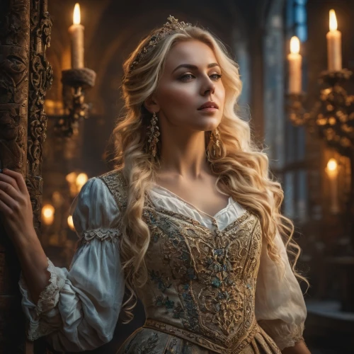cinderella,rapunzel,elsa,romantic portrait,celtic woman,candlemaker,celtic queen,gothic portrait,fairy tale character,mystical portrait of a girl,fantasy portrait,white rose snow queen,enchanting,eufiliya,girl in a historic way,blonde woman,the snow queen,fairy tale,bridal clothing,romantic look,Photography,General,Fantasy